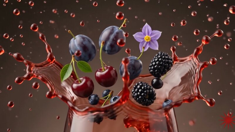 Flavor elements — cherries, plums, blackberries, lavender — bursting from the wine
