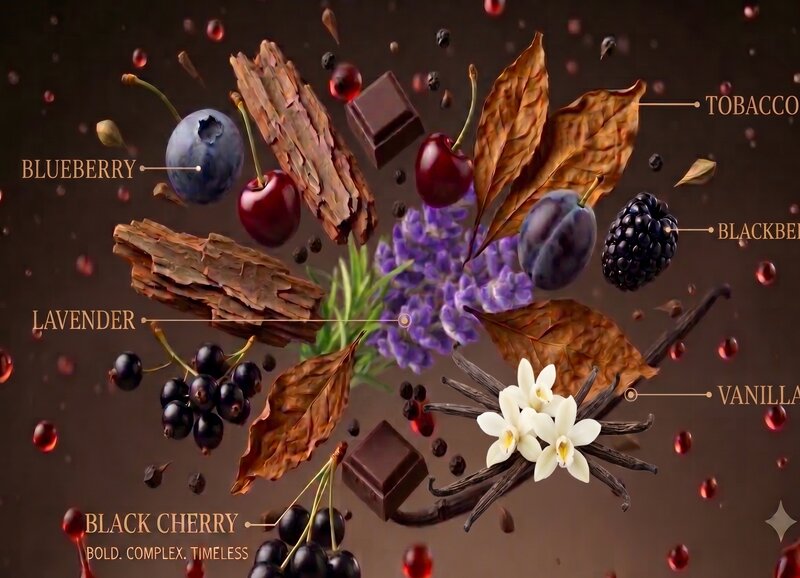 Each flavor labeled — tobacco, blackberry, lavender, vanilla, black cherry, blueberry
